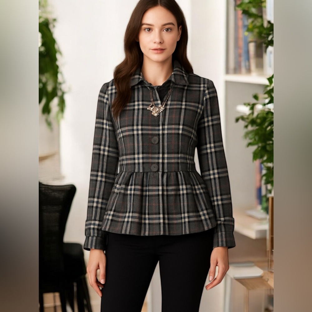 Nori Chic Plaid Peplum Button-Up Jacket Size Medium